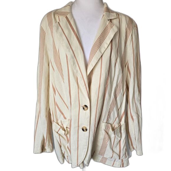 ModCloth Opportunity Linen/Viscose Blazer Cream Striped Front Pockets Light 1X - Picture 5 of 11